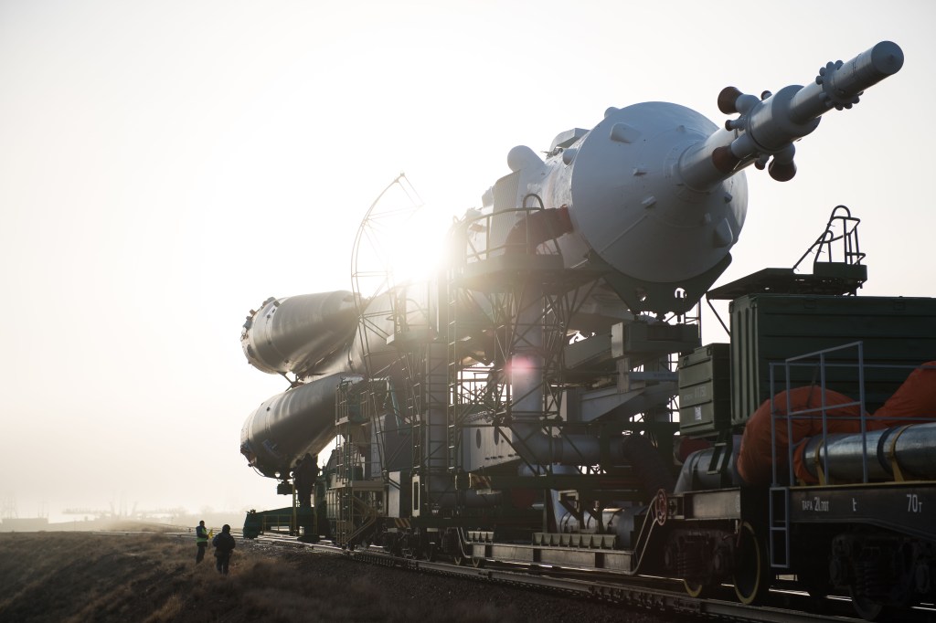 The Soyuz rocket is rolled out by train to the launch pad, Monday, March 19, 2018 at the Baikonur Cosmodrome in Kazakhstan. Expedition 55 crewmembers Ricky Arnold and Drew Feustel of NASA and Oleg Artemyev of Roscosmos are scheduled to launch at 1:44 p.m. Eastern time (11:44 p.m. Baikonur time) on March 21 and will spend the next five months living and working aboard the International Space Station.