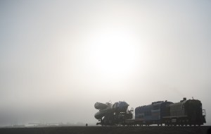 The Soyuz rocket is rolled out by train to the launch pad, Monday, March 19, 2018 at the Baikonur Cosmodrome in Kazakhstan. Expedition 55 crewmembers Ricky Arnold and Drew Feustel of NASA and Oleg Artemyev of Roscosmos are scheduled to launch at 1:44 p.m. Eastern time (11:44 p.m. Baikonur time) on March 21 and will spend the next five months living and working aboard the International Space Station.