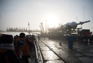 The Soyuz rocket is seen on the launch pad after being rolled out by train, Monday, March 19, 2018 at the Baikonur Cosmodrome in Kazakhstan. Expedition 55 crewmembers Ricky Arnold and Drew Feustel of NASA and Oleg Artemyev of Roscosmos are scheduled to launch at 1:44 p.m. Eastern time (11:44 p.m. Baikonur time) on March 21 and will spend the next five months living and working aboard the International Space Station.