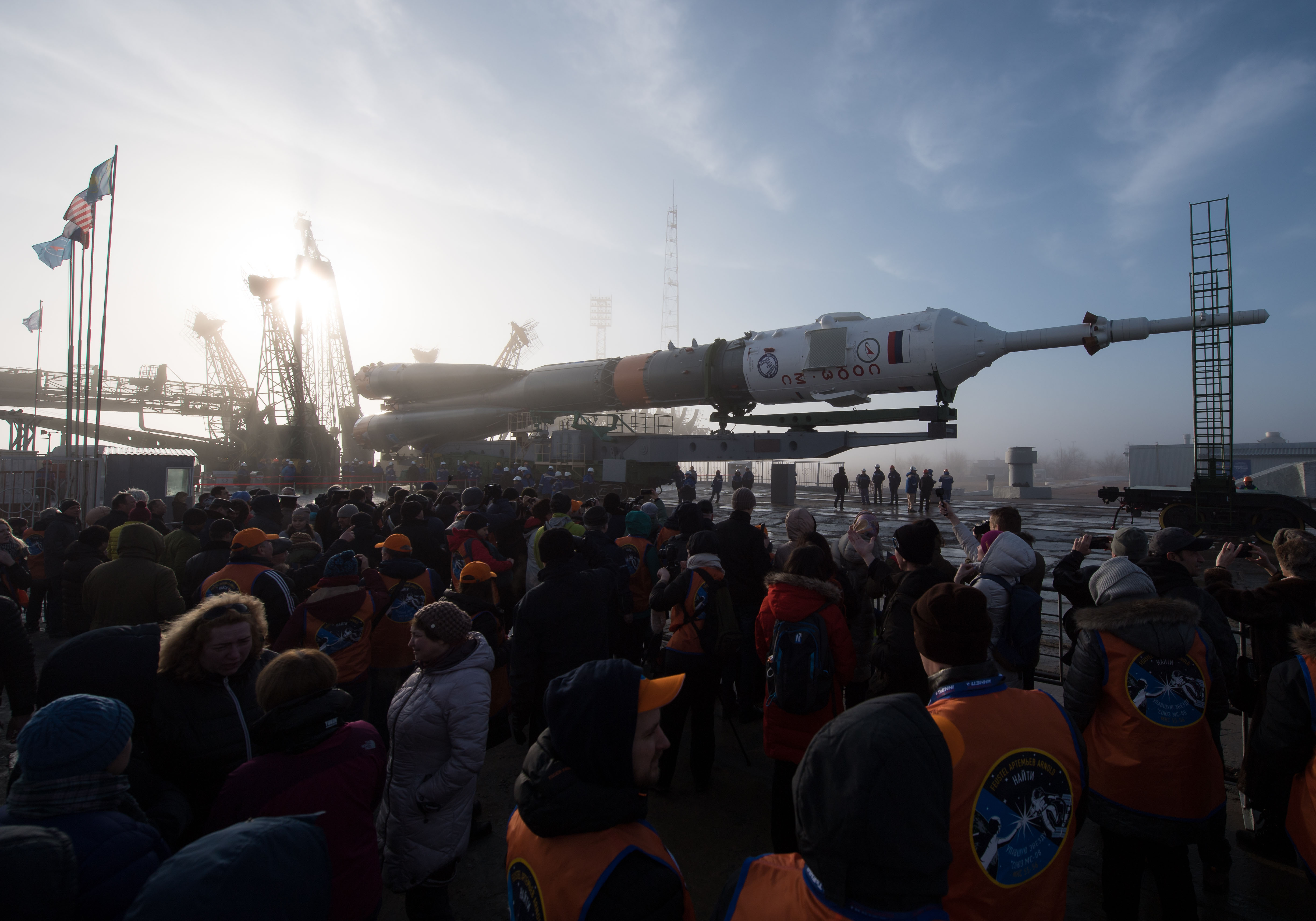 The Soyuz rocket is seen on the launch pad shortly after being rolled out by train, Monday, March 19, 2018 at the Baikonur Cosmodrome in Kazakhstan. Expedition 55 crewmembers Ricky Arnold and Drew Feustel of NASA and Oleg Artemyev of Roscosmos are scheduled to launch at 1:44 p.m. Eastern time (11:44 p.m. Baikonur time) on March 21 and will spend the next five months living and working aboard the International Space Station.