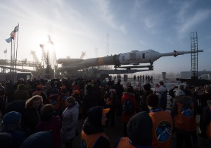 The Soyuz rocket is seen on the launch pad shortly after being rolled out by train, Monday, March 19, 2018 at the Baikonur Cosmodrome in Kazakhstan. Expedition 55 crewmembers Ricky Arnold and Drew Feustel of NASA and Oleg Artemyev of Roscosmos are scheduled to launch at 1:44 p.m. Eastern time (11:44 p.m. Baikonur time) on March 21 and will spend the next five months living and working aboard the International Space Station.