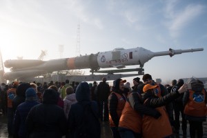 The Soyuz rocket is seen on the launch pad shortly after being rolled out by train, Monday, March 19, 2018 at the Baikonur Cosmodrome in Kazakhstan. Expedition 55 crewmembers Ricky Arnold and Drew Feustel of NASA and Oleg Artemyev of Roscosmos are scheduled to launch at 1:44 p.m. Eastern time (11:44 p.m. Baikonur time) on March 21 and will spend the next five months living and working aboard the International Space Station.