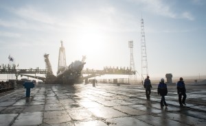 Workers prepare to raise the Soyuz rocket into a vertical position on the pad, Monday, March 19, 2018 at the Baikonur Cosmodrome in Kazakhstan. Expedition 55 crewmembers Ricky Arnold and Drew Feustel of NASA and Oleg Artemyev of Roscosmos are scheduled to launch at 1:44 p.m. Eastern time (11:44 p.m. Baikonur time) on March 21 and will spend the next five months living and working aboard the International Space Station.