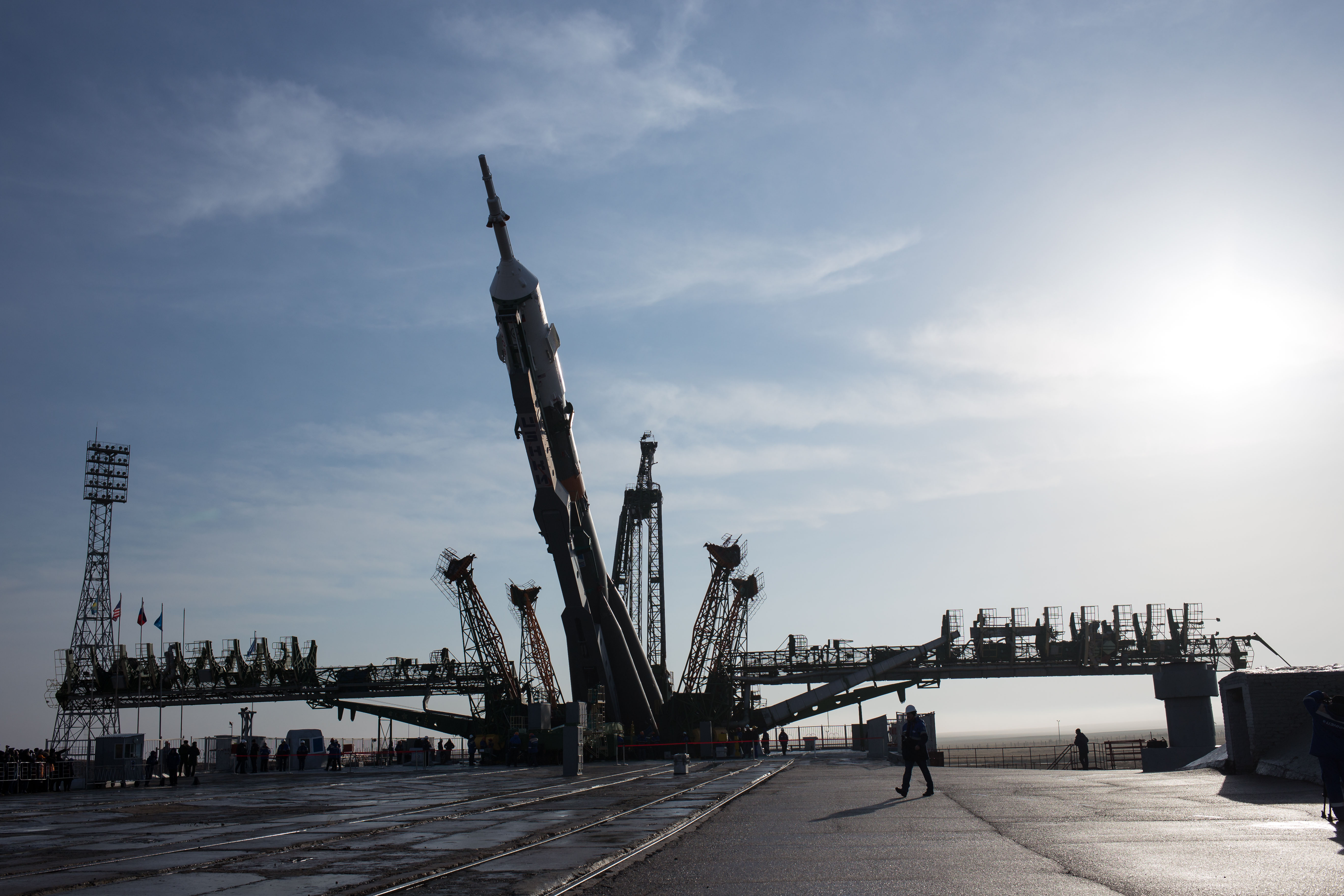 The Soyuz rocket is raised into a vertical position on the launch pad, Monday, March 19, 2018 at the Baikonur Cosmodrome in Kazakhstan. Expedition 55 crewmembers Ricky Arnold and Drew Feustel of NASA and Oleg Artemyev of Roscosmos are scheduled to launch at 1:44 p.m. Eastern time (11:44 p.m. Baikonur time) on March 21 and will spend the next five months living and working aboard the International Space Station.