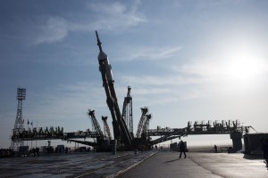 The Soyuz rocket is raised into a vertical position on the launch pad, Monday, March 19, 2018 at the Baikonur Cosmodrome in Kazakhstan. Expedition 55 crewmembers Ricky Arnold and Drew Feustel of NASA and Oleg Artemyev of Roscosmos are scheduled to launch at 1:44 p.m. Eastern time (11:44 p.m. Baikonur time) on March 21 and will spend the next five months living and working aboard the International Space Station.