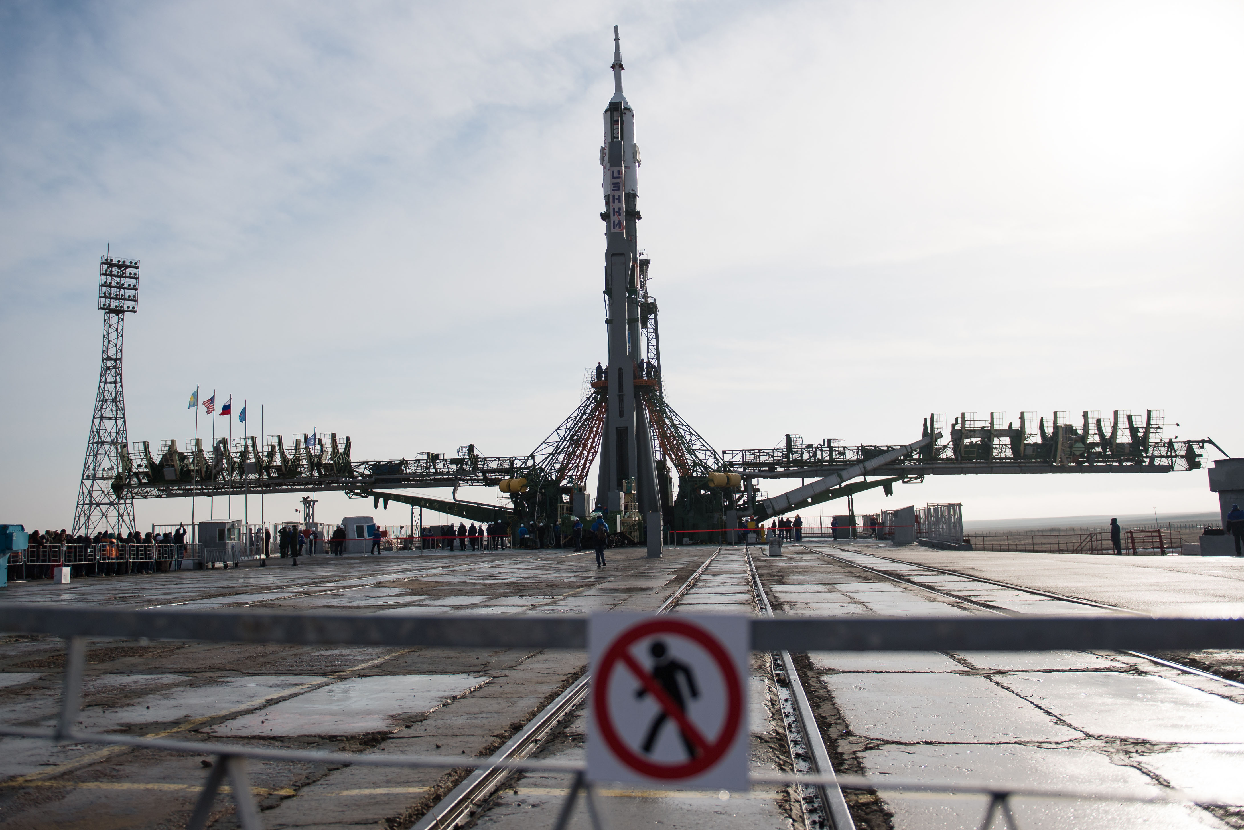 The Soyuz rocket is raised into a vertical position on the launch pad, Monday, March 19, 2018 at the Baikonur Cosmodrome in Kazakhstan. Expedition 55 crewmembers Ricky Arnold and Drew Feustel of NASA and Oleg Artemyev of Roscosmos are scheduled to launch at 1:44 p.m. Eastern time (11:44 p.m. Baikonur time) on March 21 and will spend the next five months living and working aboard the International Space Station.