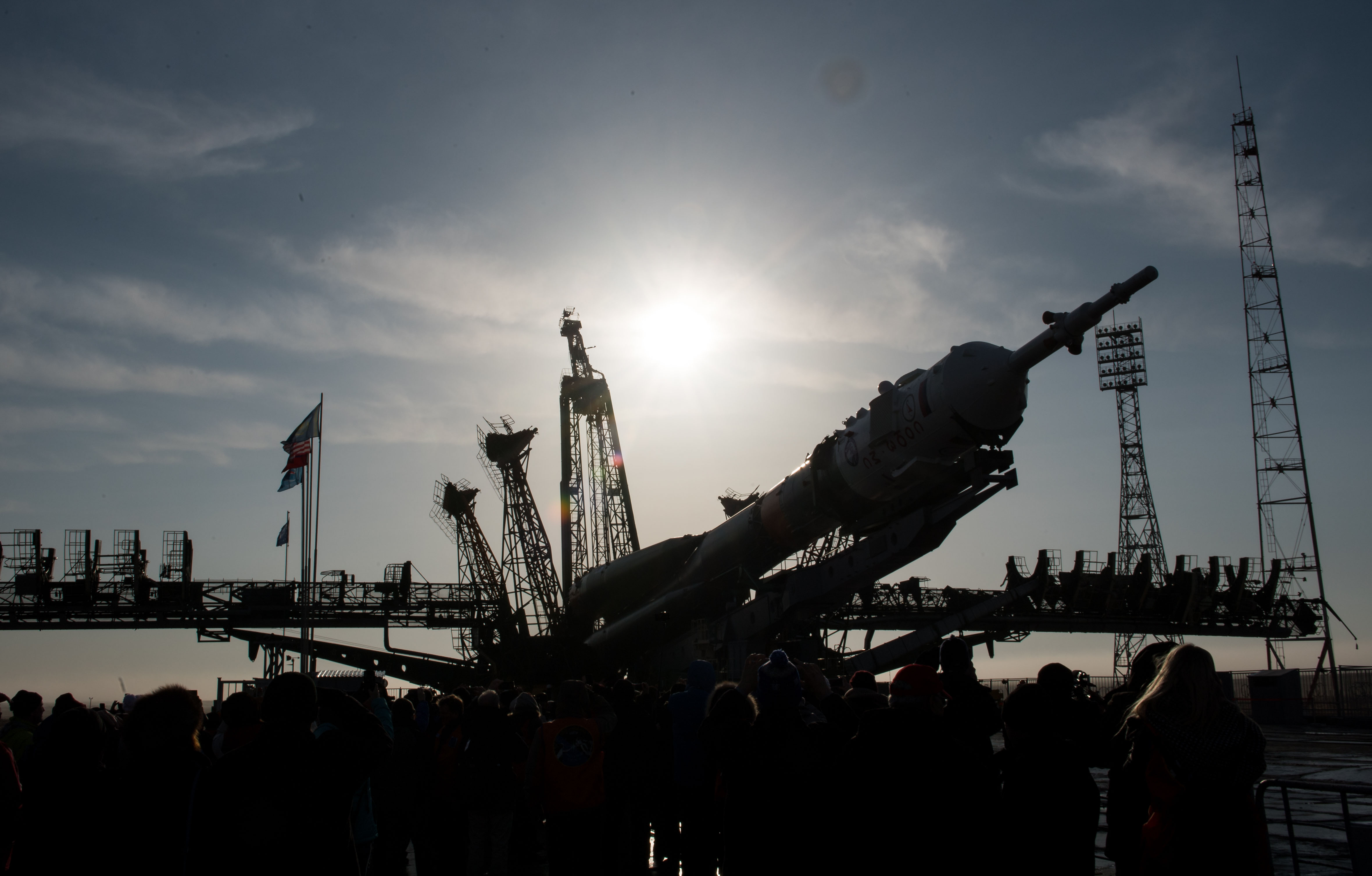 The Soyuz rocket is raised into a vertical position on the launch pad, Monday, March 19, 2018 at the Baikonur Cosmodrome in Kazakhstan. Expedition 55 crewmembers Ricky Arnold and Drew Feustel of NASA and Oleg Artemyev of Roscosmos are scheduled to launch at 1:44 p.m. Eastern time (11:44 p.m. Baikonur time) on March 21 and will spend the next five months living and working aboard the International Space Station.