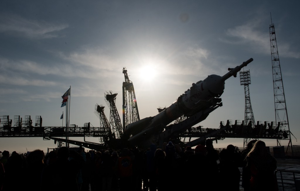 The Soyuz rocket is raised into a vertical position on the launch pad, Monday, March 19, 2018 at the Baikonur Cosmodrome in Kazakhstan. Expedition 55 crewmembers Ricky Arnold and Drew Feustel of NASA and Oleg Artemyev of Roscosmos are scheduled to launch at 1:44 p.m. Eastern time (11:44 p.m. Baikonur time) on March 21 and will spend the next five months living and working aboard the International Space Station.