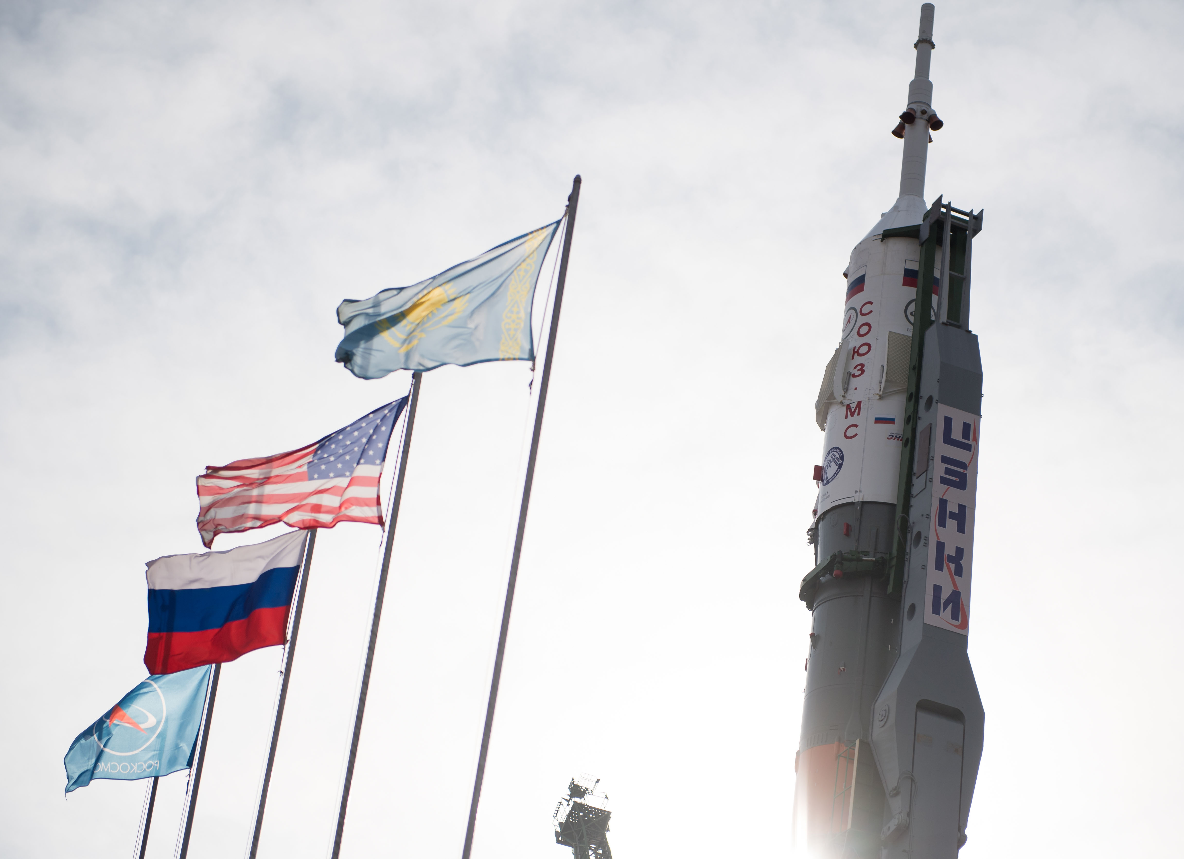 The Soyuz rocket is seen after being raised into a vertical position, Monday, March 19, 2018 at the Baikonur Cosmodrome in Kazakhstan. Expedition 55 crewmembers Ricky Arnold and Drew Feustel of NASA and Oleg Artemyev of Roscosmos are scheduled to launch at 1:44 p.m. Eastern time (11:44 p.m. Baikonur time) on March 21 and will spend the next five months living and working aboard the International Space Station.