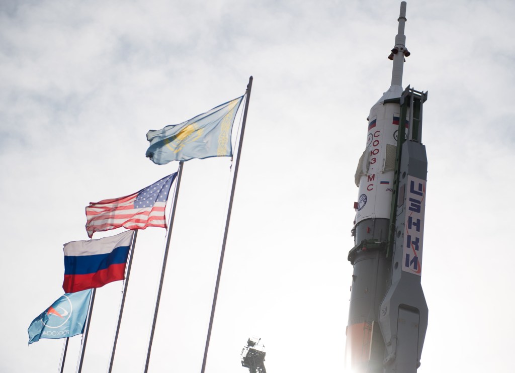 The Soyuz rocket is seen after being raised into a vertical position, Monday, March 19, 2018 at the Baikonur Cosmodrome in Kazakhstan. Expedition 55 crewmembers Ricky Arnold and Drew Feustel of NASA and Oleg Artemyev of Roscosmos are scheduled to launch at 1:44 p.m. Eastern time (11:44 p.m. Baikonur time) on March 21 and will spend the next five months living and working aboard the International Space Station.