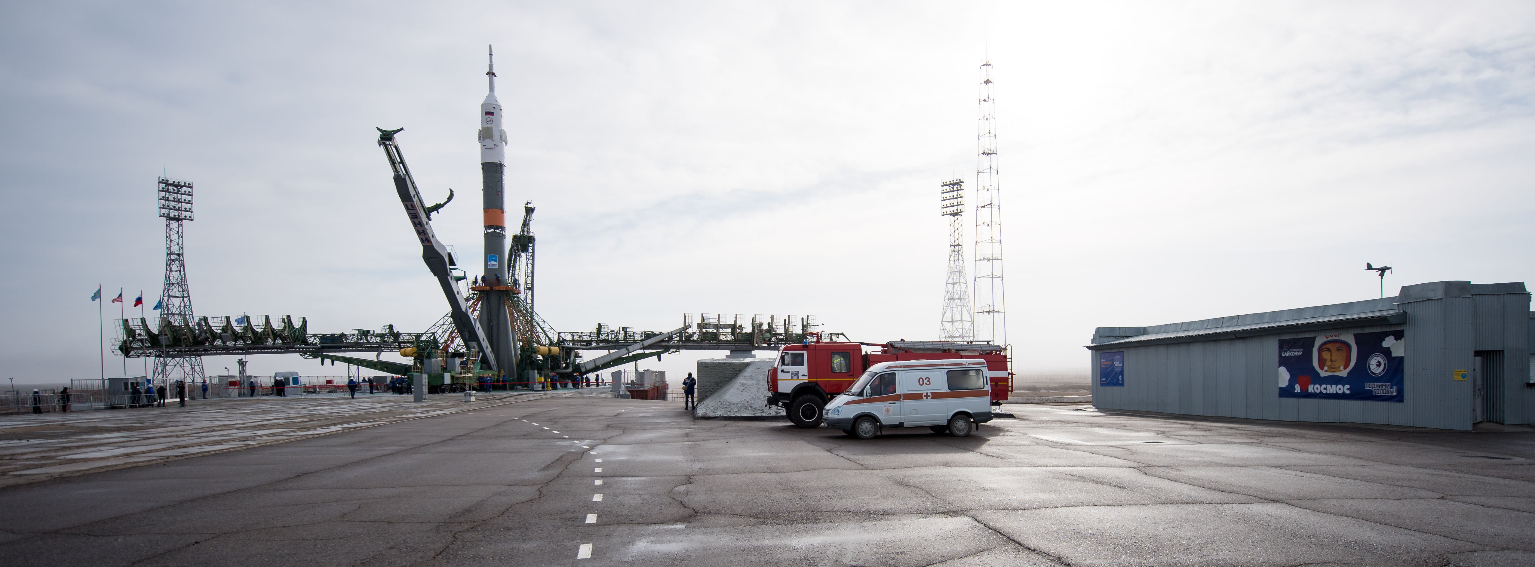 The Soyuz rocket is seen on the launch pad after being raised into a vertical position, Monday, March 19, 2018 at the Baikonur Cosmodrome in Kazakhstan. Expedition 55 crewmembers Ricky Arnold and Drew Feustel of NASA and Oleg Artemyev of Roscosmos are scheduled to launch at 1:44 p.m. Eastern time (11:44 p.m. Baikonur time) on March 21 and will spend the next five months living and working aboard the International Space Station.