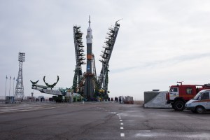 The Soyuz rocket is seen on the launch pad as the service structure arms are closed around it, Monday, March 19, 2018 at the Baikonur Cosmodrome in Kazakhstan. Expedition 55 crewmembers Ricky Arnold and Drew Feustel of NASA and Oleg Artemyev of Roscosmos are scheduled to launch at 1:44 p.m. Eastern time (11:44 p.m. Baikonur time) on March 21 and will spend the next five months living and working aboard the International Space Station.