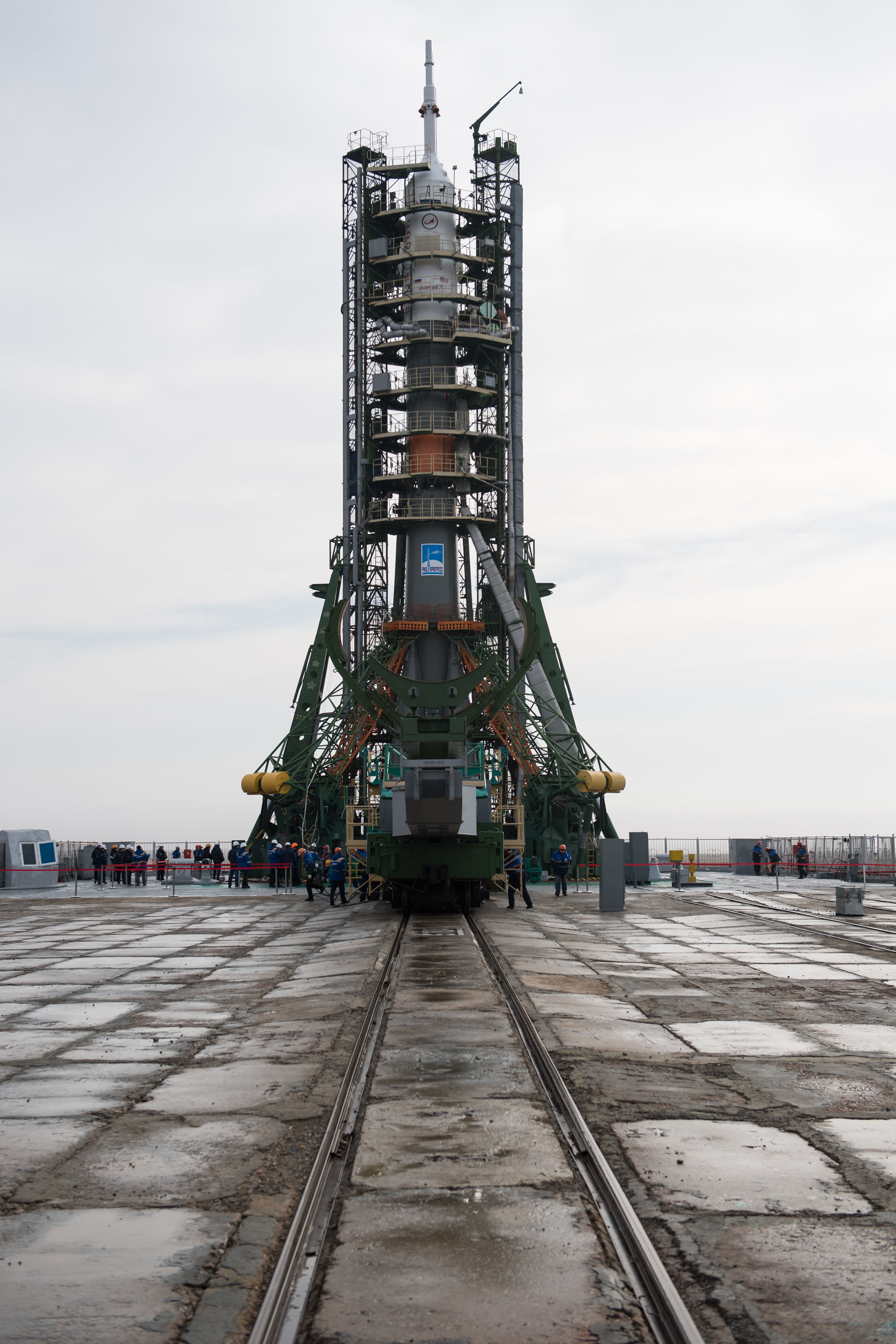 The Soyuz rocket is seen on the launch pad after the service structure arms were closed around it, Monday, March 19, 2018 at the Baikonur Cosmodrome in Kazakhstan. Expedition 55 crewmembers Ricky Arnold and Drew Feustel of NASA and Oleg Artemyev of Roscosmos are scheduled to launch at 1:44 p.m. Eastern time (11:44 p.m. Baikonur time) on March 21 and will spend the next five months living and working aboard the International Space Station.