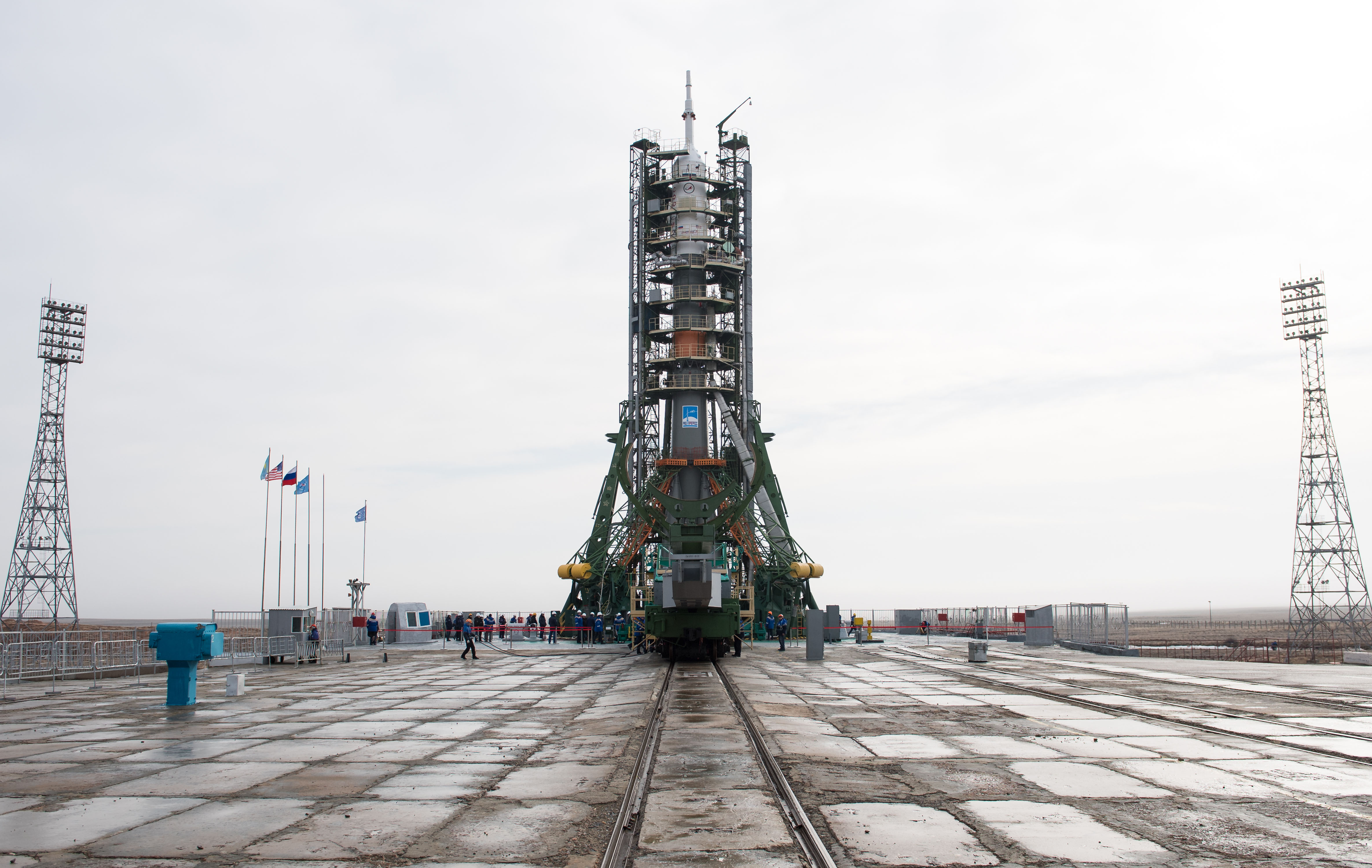 The Soyuz rocket is rolled out by train to the launch pad, March 19, 2018 at the Baikonur Cosmodrome in Kazakhstan. Expedition 55 Soyuz Commander Oleg Artemyev of Roscosmos, Ricky Arnold and Drew Feustel of NASA are scheduled to launch aboard their Soyuz MS-08 spacecraft at 11:44pm Baikonur time, 1:44pm EDT, on Wednesday, March, 21.