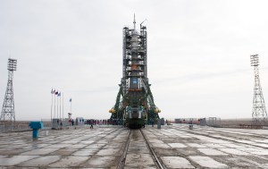 The Soyuz rocket is rolled out by train to the launch pad, March 19, 2018 at the Baikonur Cosmodrome in Kazakhstan. Expedition 55 Soyuz Commander Oleg Artemyev of Roscosmos, Ricky Arnold and Drew Feustel of NASA are scheduled to launch aboard their Soyuz MS-08 spacecraft at 11:44pm Baikonur time, 1:44pm EDT, on Wednesday, March, 21.