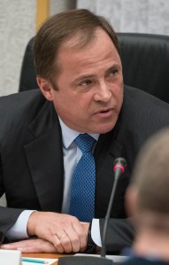 Igor Komarov, Director of Roscosmos, is seen during the State Commission meeting to approve the Soyuz launch of Expedition 55 to the International Space Station, Tuesday, March 20, 2018. Expedition 55 Soyuz Commander Oleg Artemyev of Roscosmos, flight engineer Ricky Arnold and flight engineer Drew Feustel of NASA are scheduled to launch to the International Space Station aboard the Soyuz MS-08 spacecraft on Wednesday, March, 21.