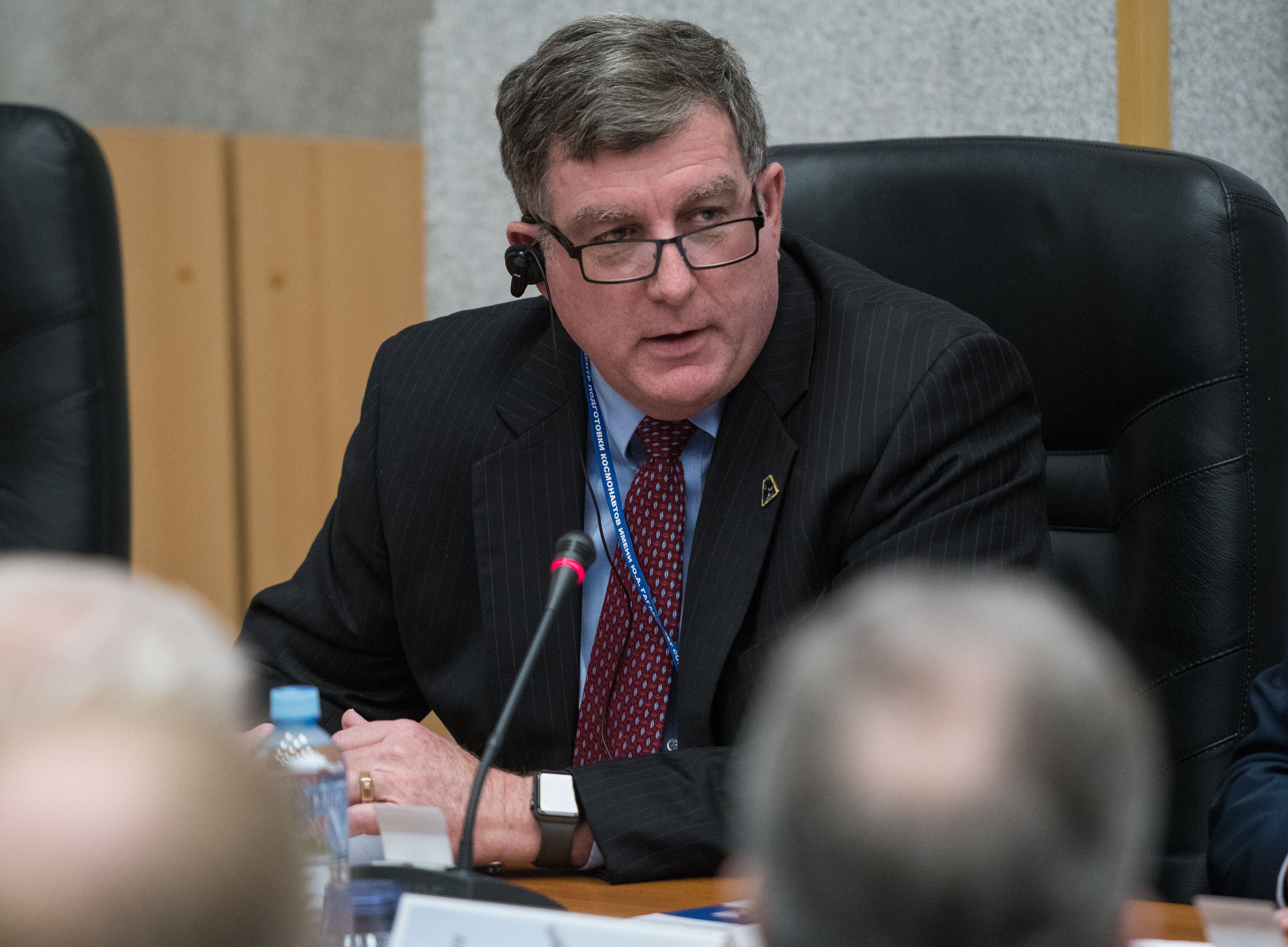NASA's International Space Station Program Manager Kirk Shireman is seen during the State Commission meeting to approve the Soyuz launch of Expedition 55 to the International Space Station, Tuesday, March 20, 2018. Expedition 55 Soyuz Commander Oleg Artemyev of Roscosmos, flight engineer Ricky Arnold and flight engineer Drew Feustal of NASA are scheduled to launch to the International Space Station aboard the Soyuz MS-08 spacecraft on Wednesday, March, 21.