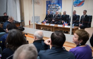 Expedition 55 prime crew members Ricky Arnold of NASA, left, Oleg Artemyev of Roscosmos, second from left, and Drew Feustel of NASA, center, are seen with backup crew members Alexey Ovchinin of Roscosmos, second from right, and Nick Hague of NASA, right, during the State Commission meeting to approve the Soyuz launch of Expedition 55 to the International Space Station, Tuesday, March 20, 2018. Arnold, Artemyev, and Feustel are scheduled to launch to the International Space Station aboard the Soyuz MS-08 spacecraft on Wednesday, March, 21.