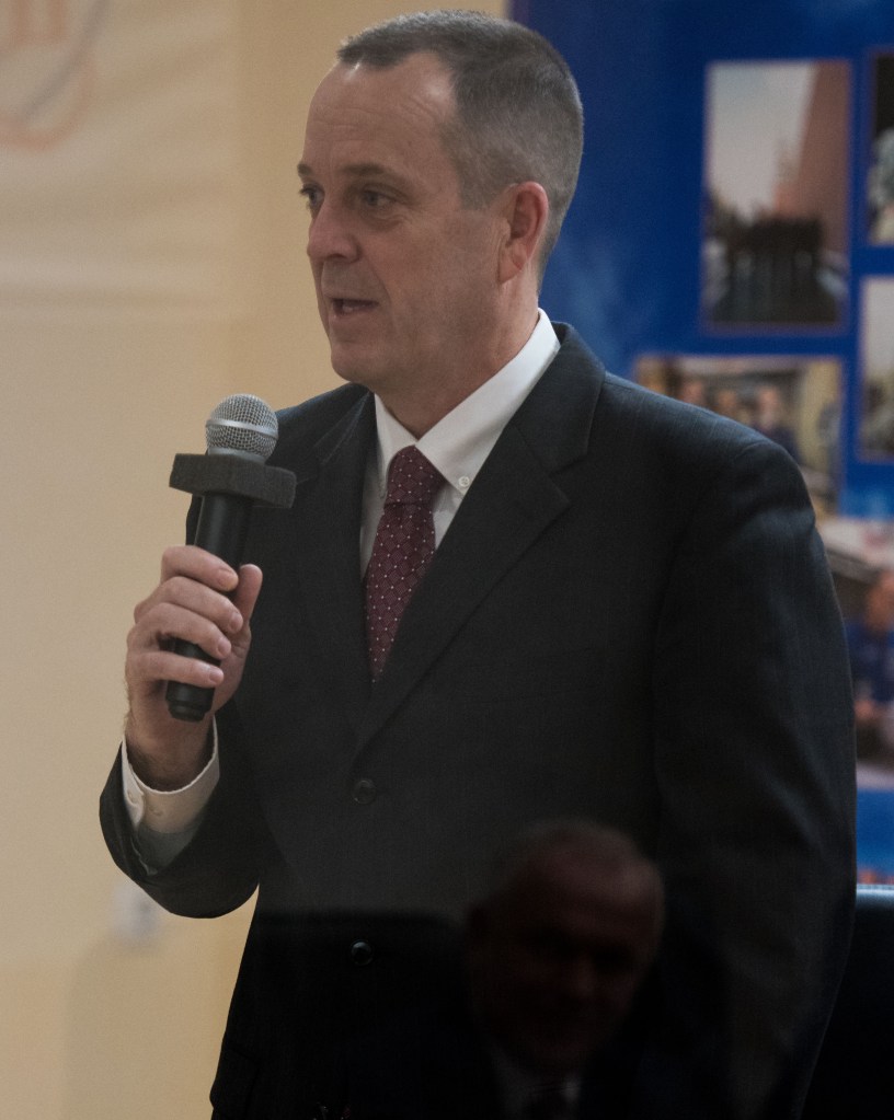 Expedition 55 flight engineer Ricky Arnold of NASA is seen during the State Commission meeting to approve the Soyuz launch of Expedition 55 to the International Space Station, Tuesday, March 20, 2018. Arnold, Soyuz Commander Oleg Artemyev of Roscosmos, and flight engineer Drew Feustel of NASA are scheduled to launch to the International Space Station aboard the Soyuz MS-08 spacecraft on Wednesday, March 21.