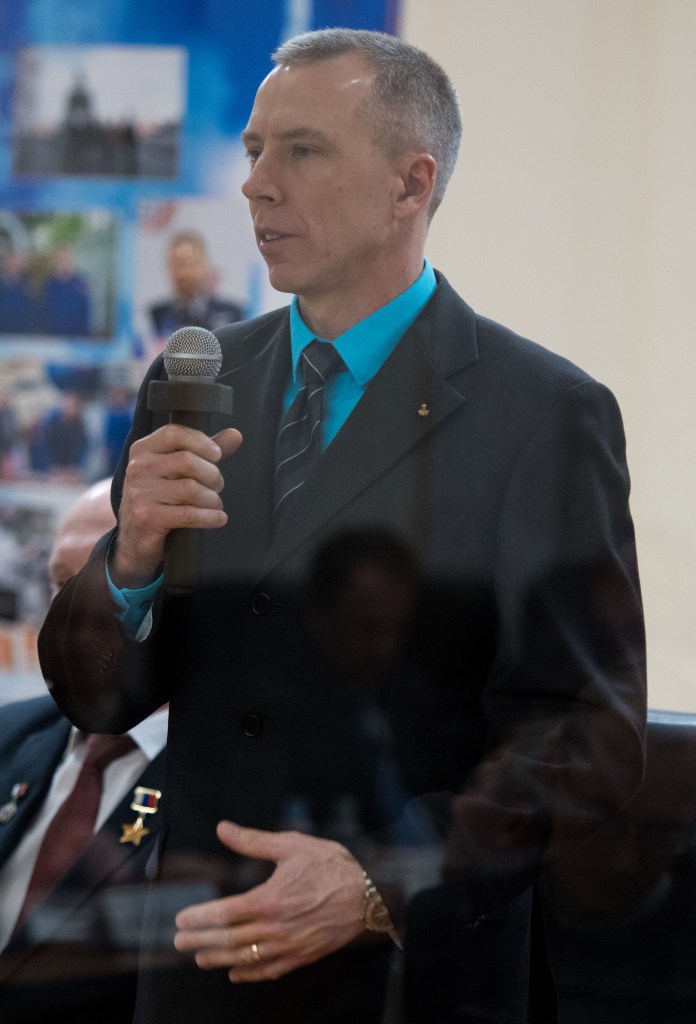Expedition 55 flight engineer Drew Feustel of NASA is seen during the State Commission meeting to approve the Soyuz launch of Expedition 55 to the International Space Station, Tuesday, March 20, 2018. Feustel, Soyuz Commander Oleg Artemyev of Roscosmos, and flight engineer Ricky Arnold of NASA are scheduled to launch to the International Space Station aboard the Soyuz MS-08 spacecraft on Wednesday, March, 21.