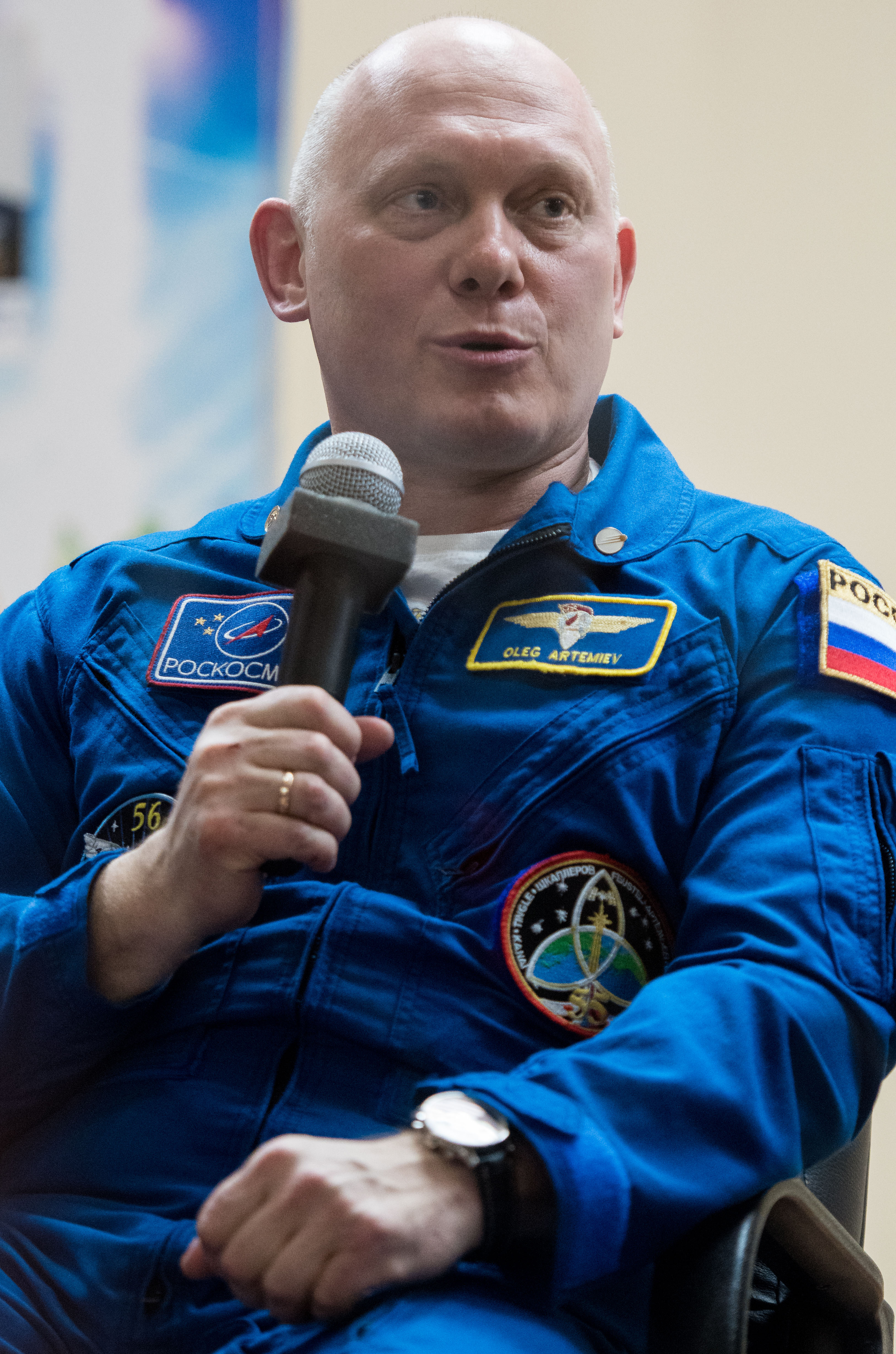 Expedition 55 Soyuz Commander Oleg Artemyev of Roscosmos answers a question during a press conference, Tuesday, March 20, 2018 a the Cosmonaut Hotel in Baikonur, Kazakhstan. Artemyev, flight engineer Ricky Arnold and flight engineer Drew Feustal of NASA are scheduled to launch to the International Space Station aboard the Soyuz MS-08 spacecraft on Wednesday, March 21.