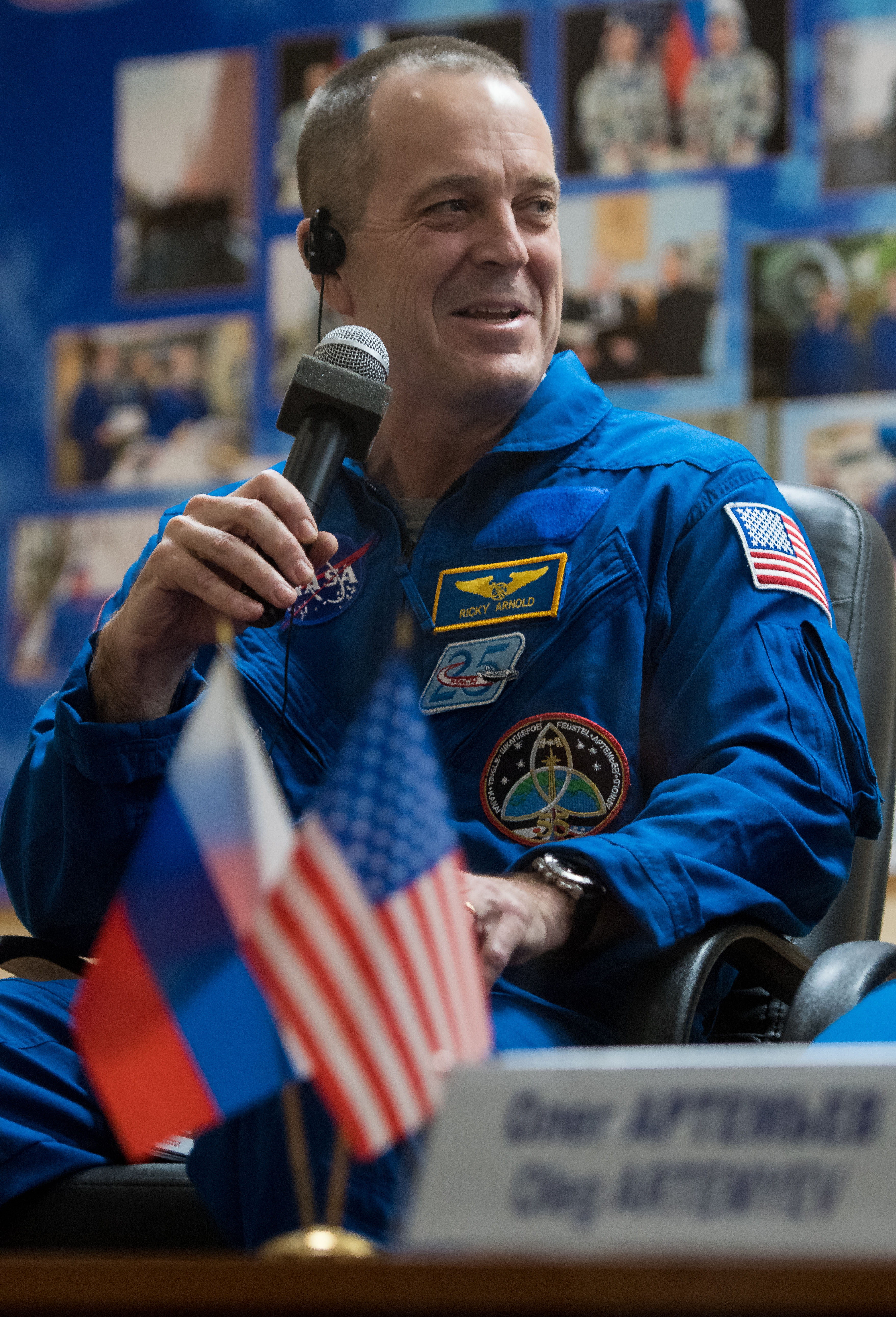 Expedition 55 flight engineer Ricky Arnold answers a question during a press conference, Tuesday, March 20, 2018 a the Cosmonaut Hotel in Baikonur, Kazakhstan. Arnold, Soyuz Commander Oleg Artemyev of Roscosmos, and flight engineer Drew Feustal of NASA are scheduled to launch to the International Space Station aboard the Soyuz MS-08 spacecraft on Wednesday, March 21.