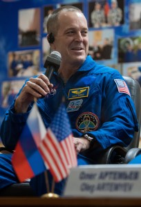 Expedition 55 flight engineer Ricky Arnold answers a question during a press conference, Tuesday, March 20, 2018 a the Cosmonaut Hotel in Baikonur, Kazakhstan. Arnold, Soyuz Commander Oleg Artemyev of Roscosmos, and flight engineer Drew Feustal of NASA are scheduled to launch to the International Space Station aboard the Soyuz MS-08 spacecraft on Wednesday, March 21.