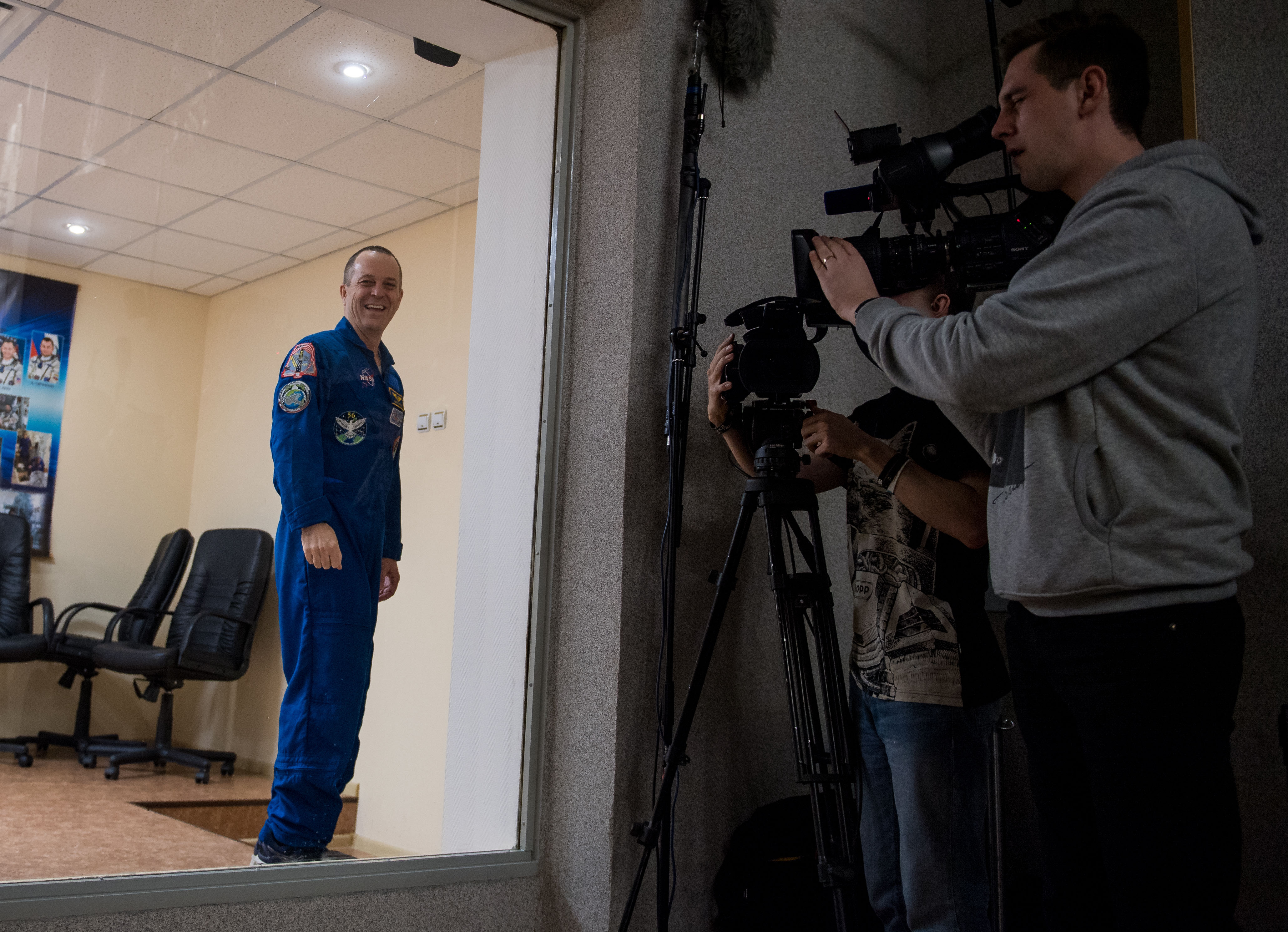 Expedition 55 flight engineer Ricky Arnold of NASA is seen at the conclusion of a press conference, Tuesday, March 20, 2018 a the Cosmonaut Hotel in Baikonur, Kazakhstan. Arnold, Soyuz Commander Oleg Artemyev of Roscosmos, and flight engineer Drew Feustal of NASA are scheduled to launch to the International Space Station aboard the Soyuz MS-08 spacecraft on Wednesday, March 21.