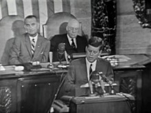 President John F. Kennedy announces his goal of a Moon landing during a Joint Session of Congress in May 1961
