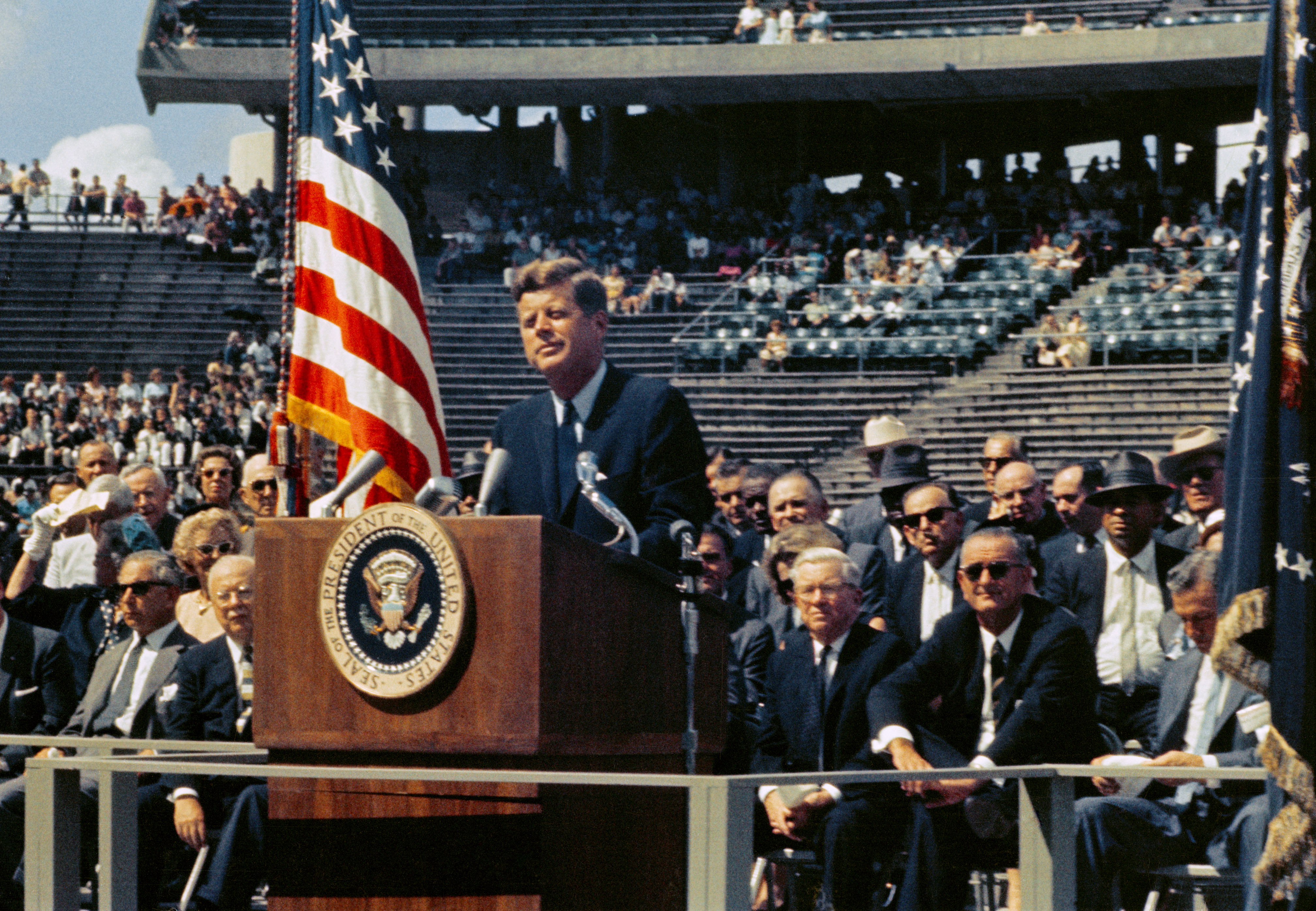 President Kennedy reaffirms the goal during his address at Rice University in Houston in September 1962