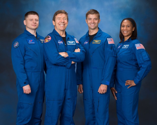 The four crew members representing the SpaceX Crew-8 mission to the International Space Station pose for an official portrait at the Johnson Space Center in Houston, Texas. From left, are Mission Specialist Aleksandr Grebenkin from Roscosmos, and Pilot Michael Barratt, Commander Matthew Dominick, and Mission Specialist Jeanette Epps, all from NASA.