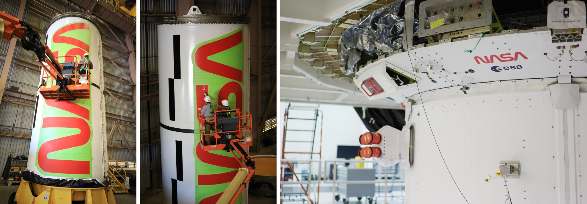 At right: The Orion spacecraft for NASA’s Artemis II mission received its latest makeover. Teams adhered the agency’s iconic “worm” logo and ESA (European Space Agency) insignia on the spacecraft’s crew module adapter on Sunday, Jan. 28, inside the Neil Armstrong Operations and Checkout Building at NASA’s Kennedy Space Center in Florida.