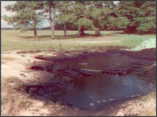 A patch of dark soil and water stained black.