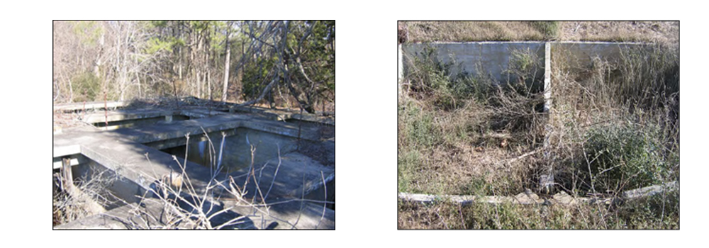 Collage of two images. First image is Metal floor with square holes with vegetative debris and trees in the background. The second image is Short horizontal metal walls in the ground overgrown with vegetation.