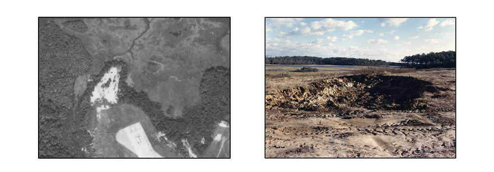 Collage of two images of a waste oil dump site. The left image is an old black-and-white aerial photo showing large excavation area. The right image is a barren field with a large hole in the center and many visible vehicle tracks.