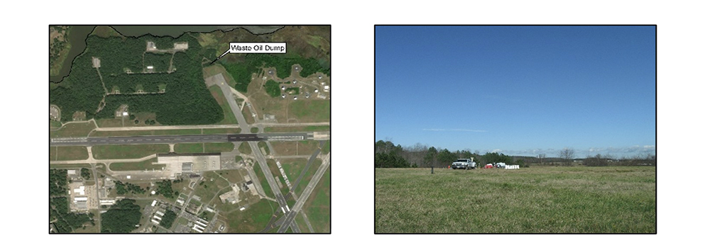 Collage of two images of the waste oil dump location. The left image is a map showing location of the Waste Old Dump area on the Wallops Main Base. The right image is