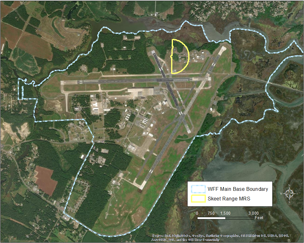 Map with outlined boundary of the Wallops Main Base Facility and the Skeet Range location marked with a semi-circle.