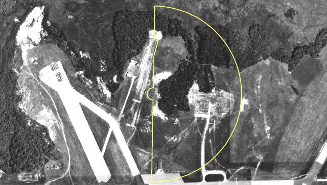 Old aerial photo showing part of the Wallops Main Base with the Skeet Range location marked with a semi-circle.