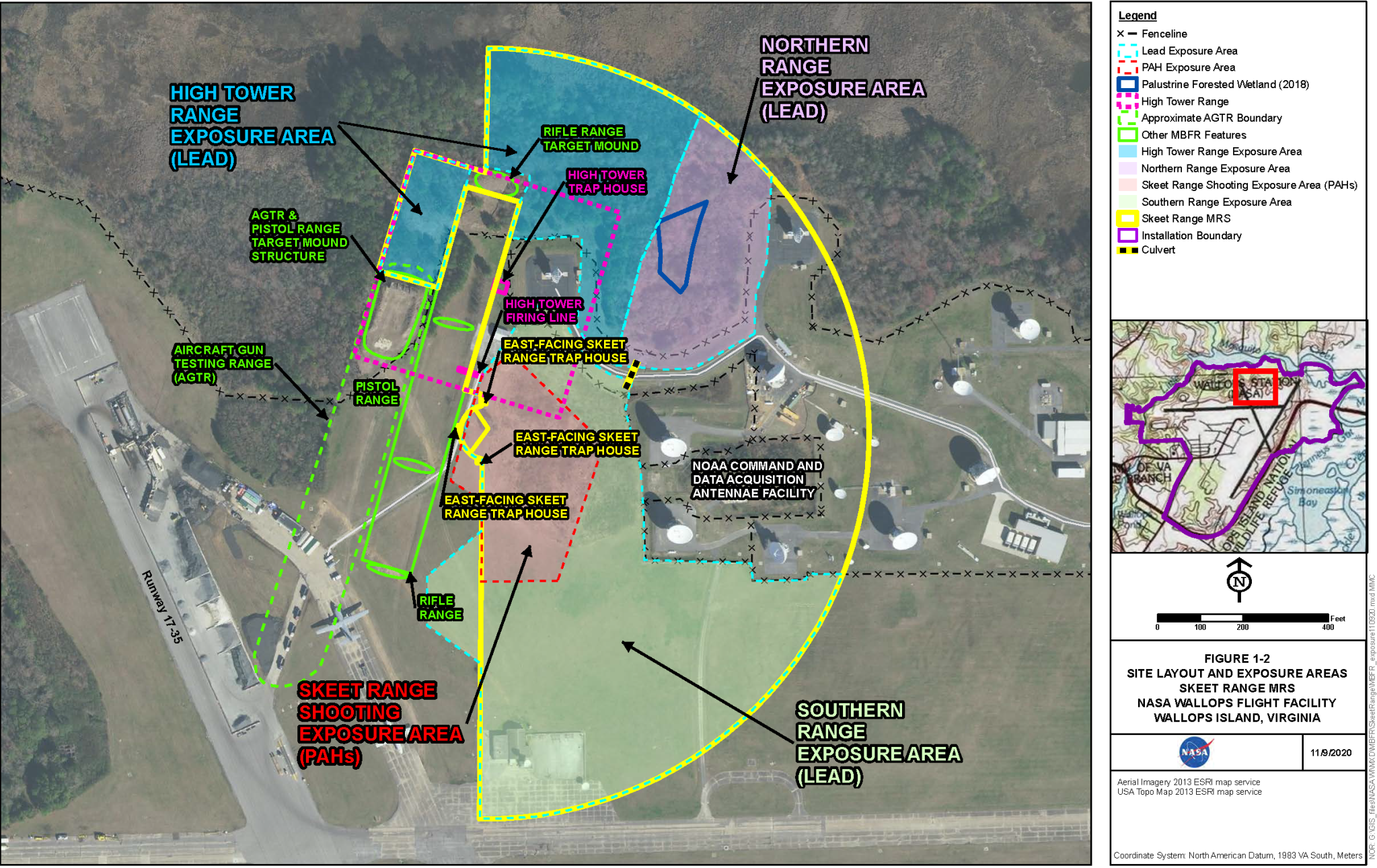Map showing the semi-circular region of the Skeet Range, detailing the old Skeet Range firing range features with shaded areas where testing has shown elevated concentrations of lead or polycyclic aromatic hydrocarbons (PAHs).