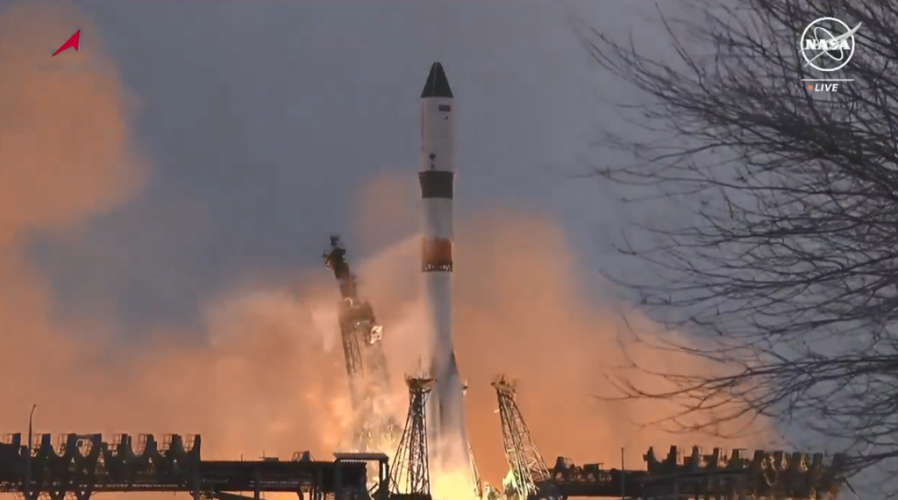 The Progress 87 cargo craft launches to the International Space Station from the Baikonur Cosmodrome in Kazakhstan on Feb. 14, 2024. Credit: NASA TV