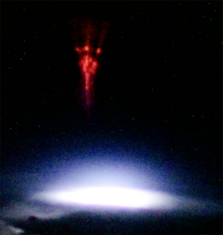 A red streak shoots into the blackness of space. Below it is a blue ring around a bright white circle, with the top of a thundercloud visible below it.