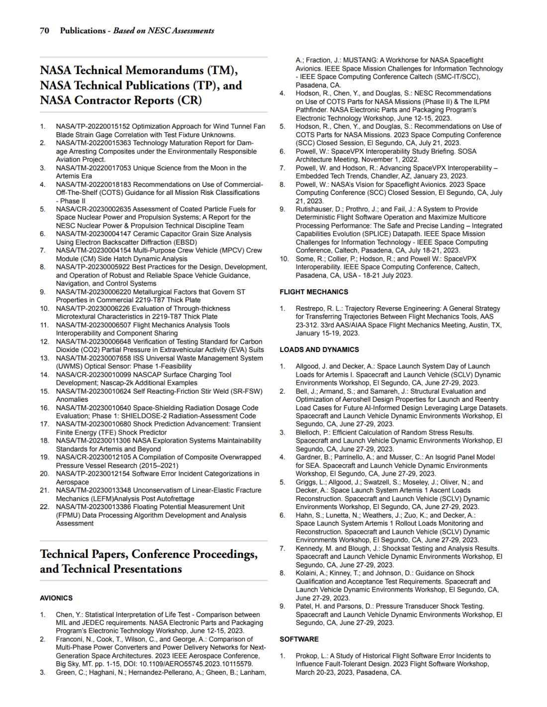NESC Publications – Based on NESC Assessments 