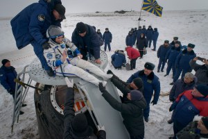 Serena Auñón-Chancellor of NASA is helped out of the Soyuz MS-09 spacecraft just minutes after she, Alexander Gerst of ESA (European Space Agency), and Sergey Prokopyev of Roscosmos, landed in a remote area near the town of Zhezkazgan, Kazakhstan on Thursday, Dec. 20, 2018. Auñón-Chancellor, Gerst and Prokopyev are returning after 197 days in space where they served as members of the Expedition 56 and 57 crews onboard the International Space Station.