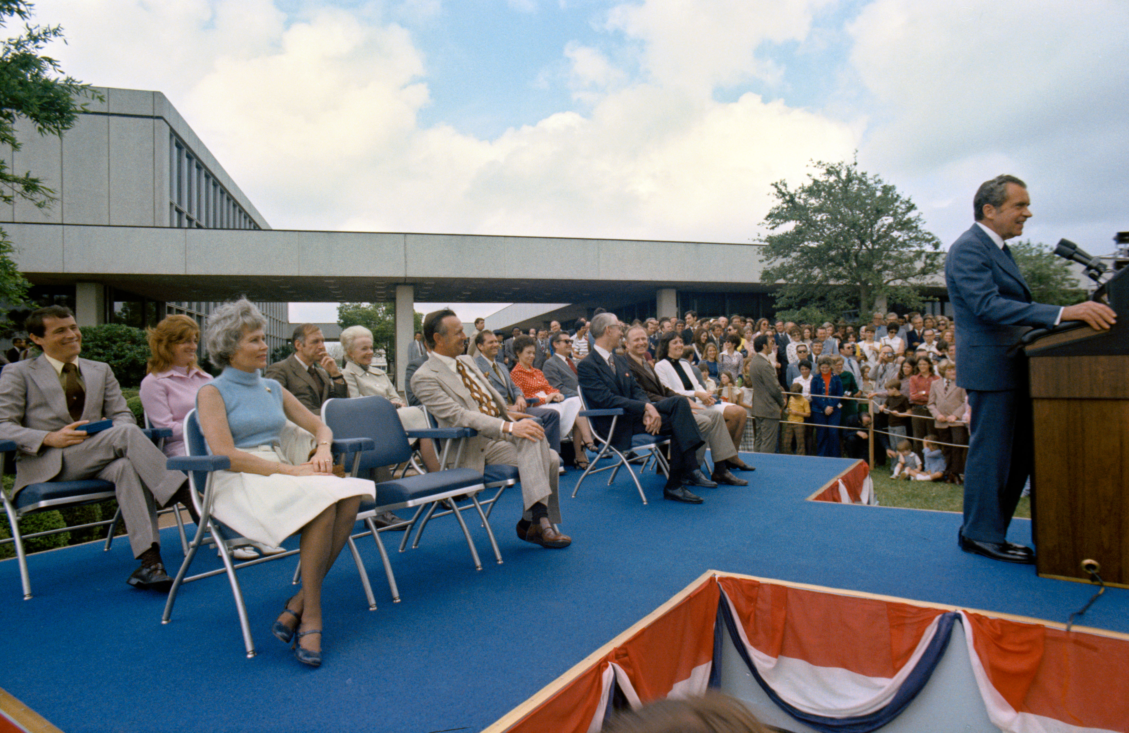 President Richard M. Nixon speaks to the assembled crowd at NASA’s Johnson Space Center in Houston during the ceremony where he presented the Skylab 4 astronauts
