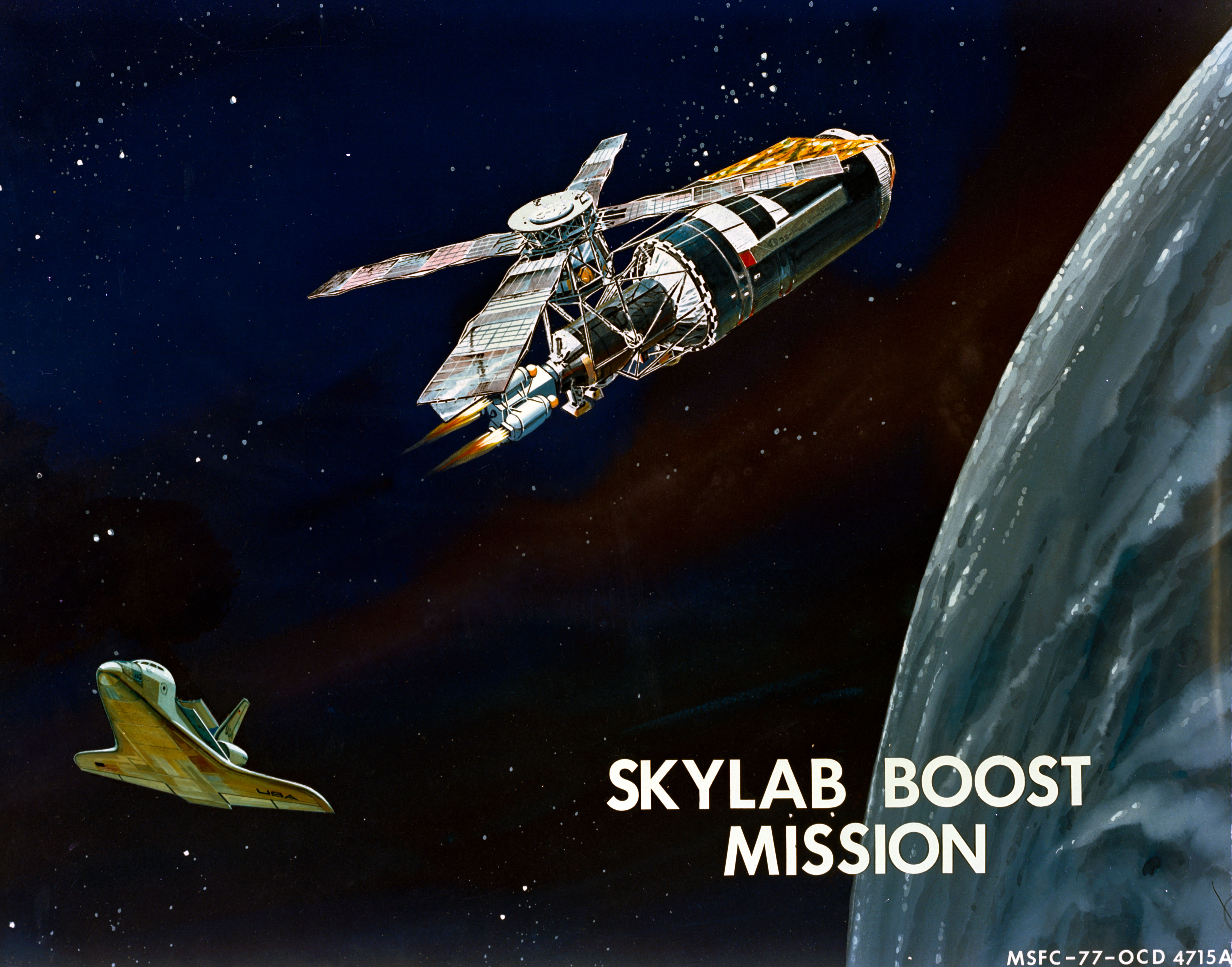 Illustration of a possible Skylab reboost mission by a space shuttle