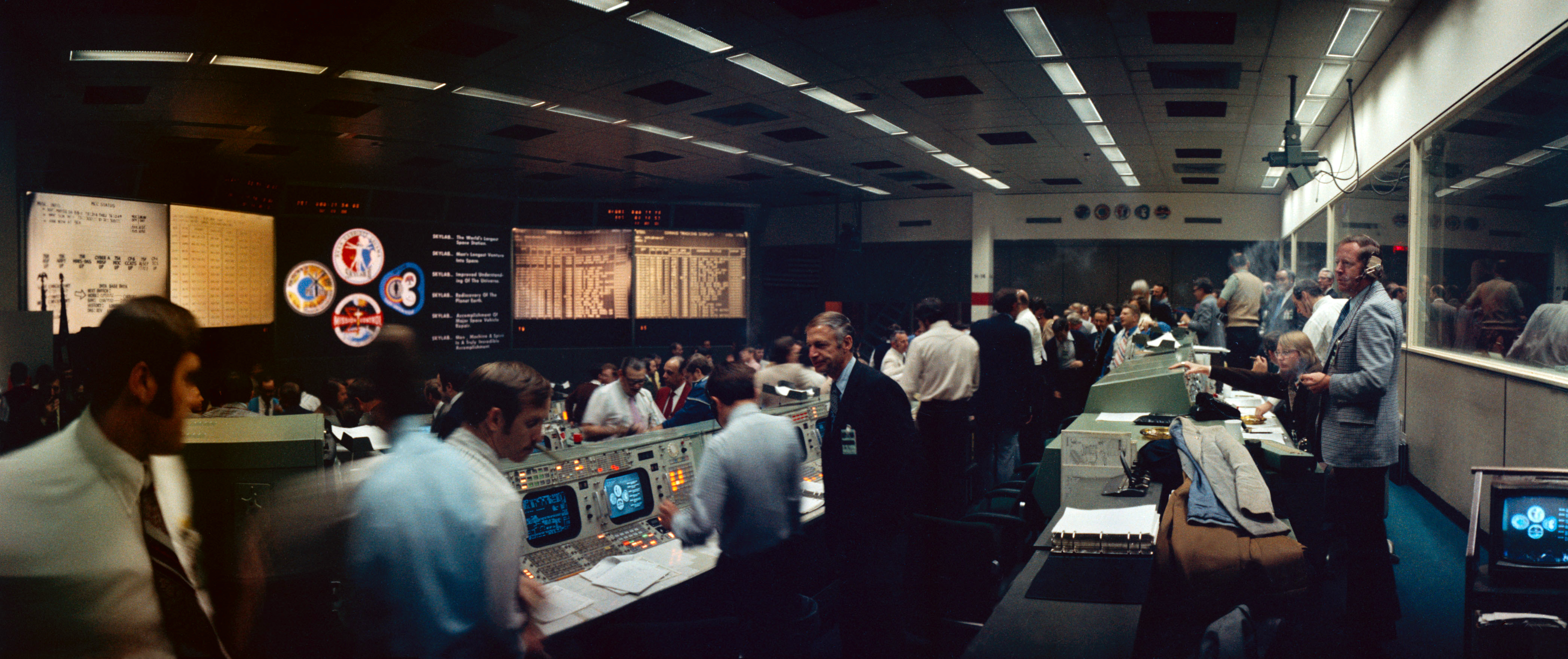 Mission Control at the NASA Johnson Space Center in Houston shortly after the Skylab 4 splashdown