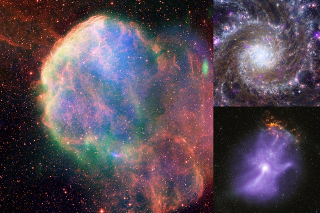 This wide-field composite image was made with X-ray (blue/ROSAT & Chandra), radio (green/Very Large Array), and optical (red/Digitized Sky Survey) observations of the supernova remnant, IC 443. The pullout, also a composite with a Chandra X-ray close-up, shows a neutron star that is spewing out a comet-like wake of high-energy particles as it races through space. Based on an analysis of the swept-back shape of the wake, astronomers deduced that the neutron star is located in the multimillion degree Celsius gas in the remnant. The direction of the wake is puzzling since it should point back toward the center of the remnant. A possible explanation is that it is being pushed aside by fast-moving gusts of gas in the remnant, much like cometary tails are pushed away by the solar wind.