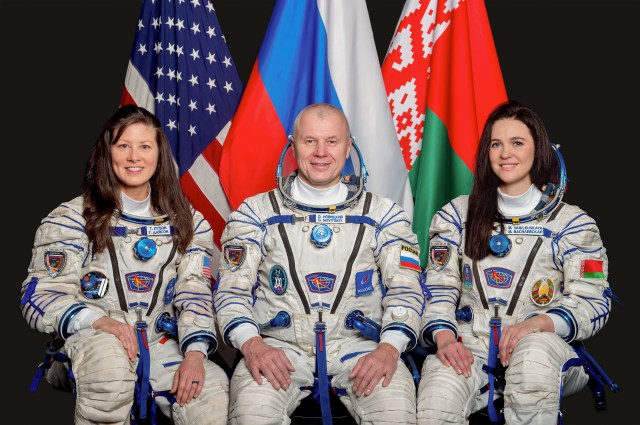 Soyuz MS-25 crew members (from left) Tracy Dyson from NASA, Oleg Novitskiy from Roscosmos, and Marina Vasilevskaya from Belarusia pose for a portrait at the Gagarin Cosmonaut Training Center in Russia. They will serve aboard the International Space Station as Expedition 71 crew members.