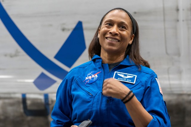 SpaceX Crew-8 Mission Specialist Jeanette Epps inside SpaceX Hangar X at the Kennedy Space Center in Florida. Hangar X supports Falcon 9 rocket refurbishment and houses administration offices.