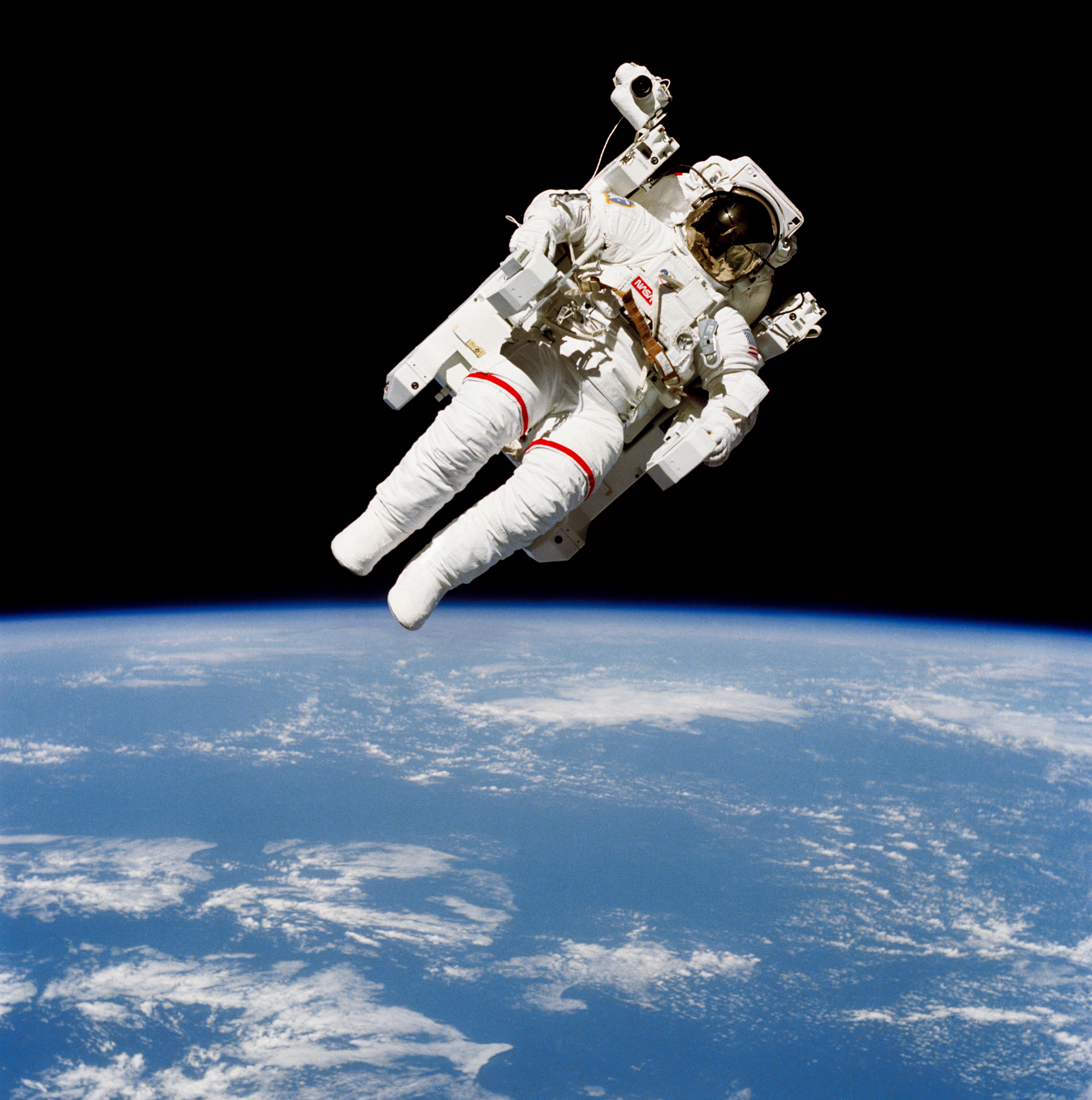 View of Bruce McCandless during the first test flight of the Manned Maneuvering Unit